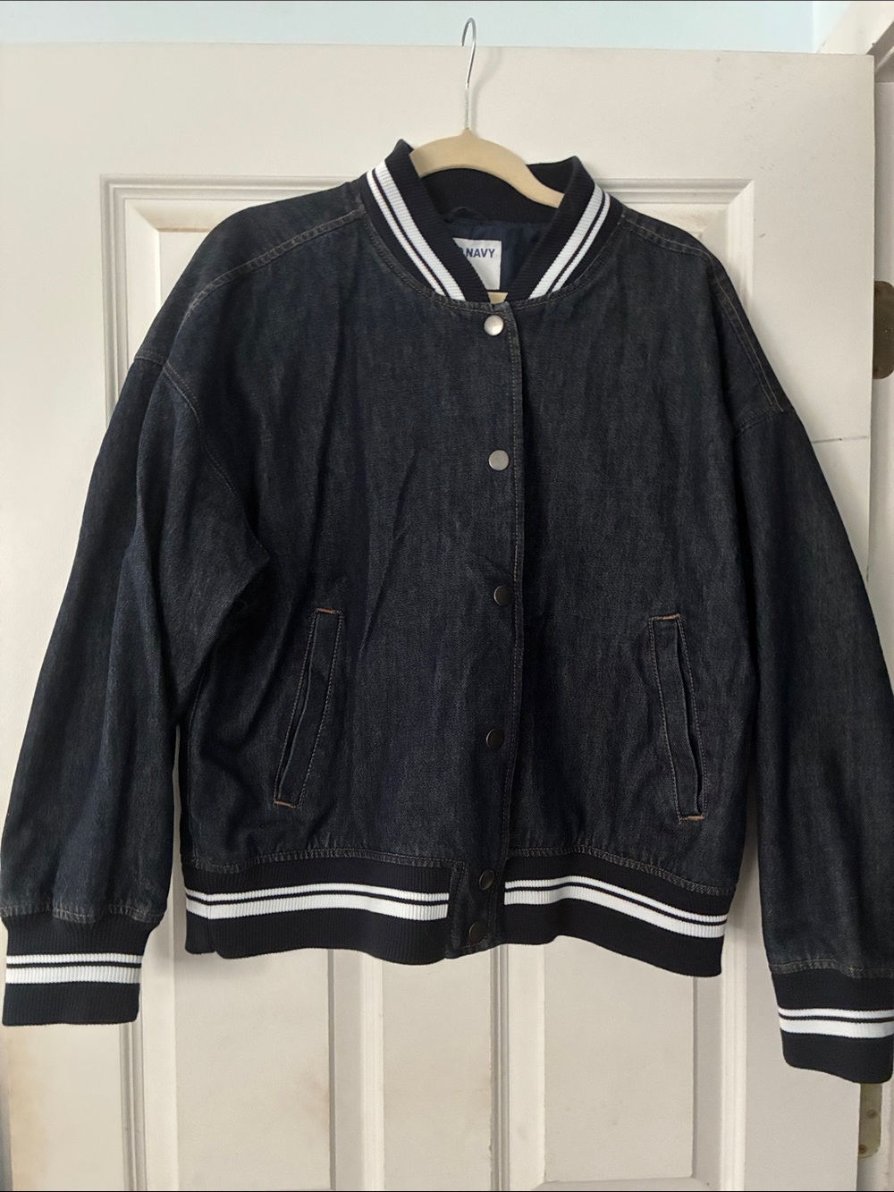 Old Navy Black Denim Bomber Jacket with Striped Trim